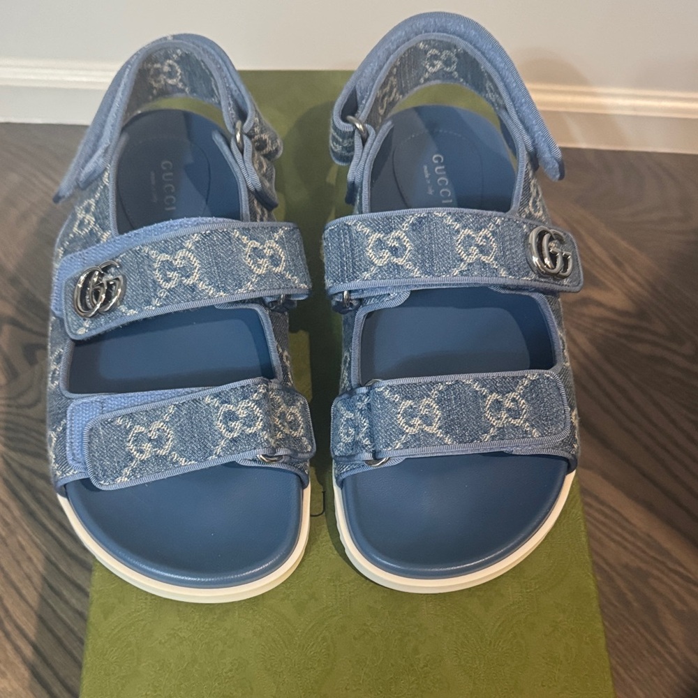 Gucci Blue Denim GG Canvas Velcro Sandals